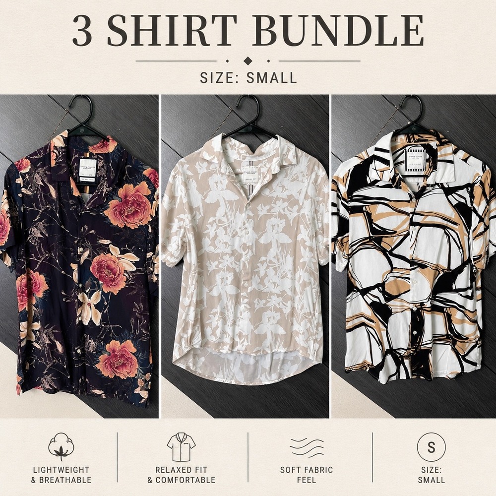 Denim & Flower Ricky Singh Men's Camp Collar Hawaiian Shirt Bundle Size S 3Pc